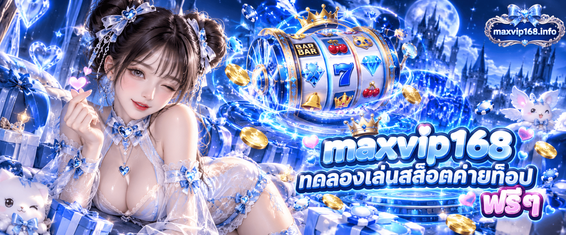 แบนเนอร์โหมดเดโมแสดงวงล้อเกมจำลองของเว็บ maxvip168 ทดลองเล่นสล็อตค่ายท็อป พร้อมปุ่มกดทดสอบฟรี