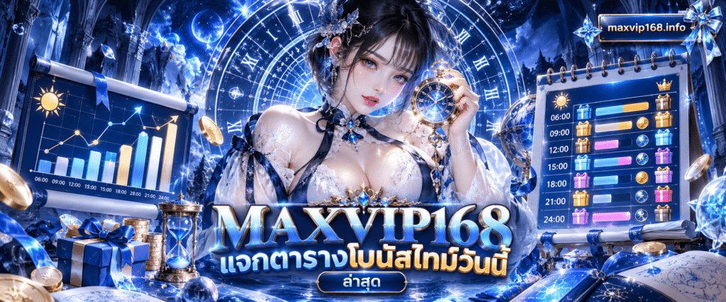 ภาพตารางสถิติและแผนภูมิเวลาช่วงเดย์ไทม์ประกอบโปรโมชั่น MAXVIP168 แจกตารางโบนัสไทม์วันนี้ สีสันสดใส