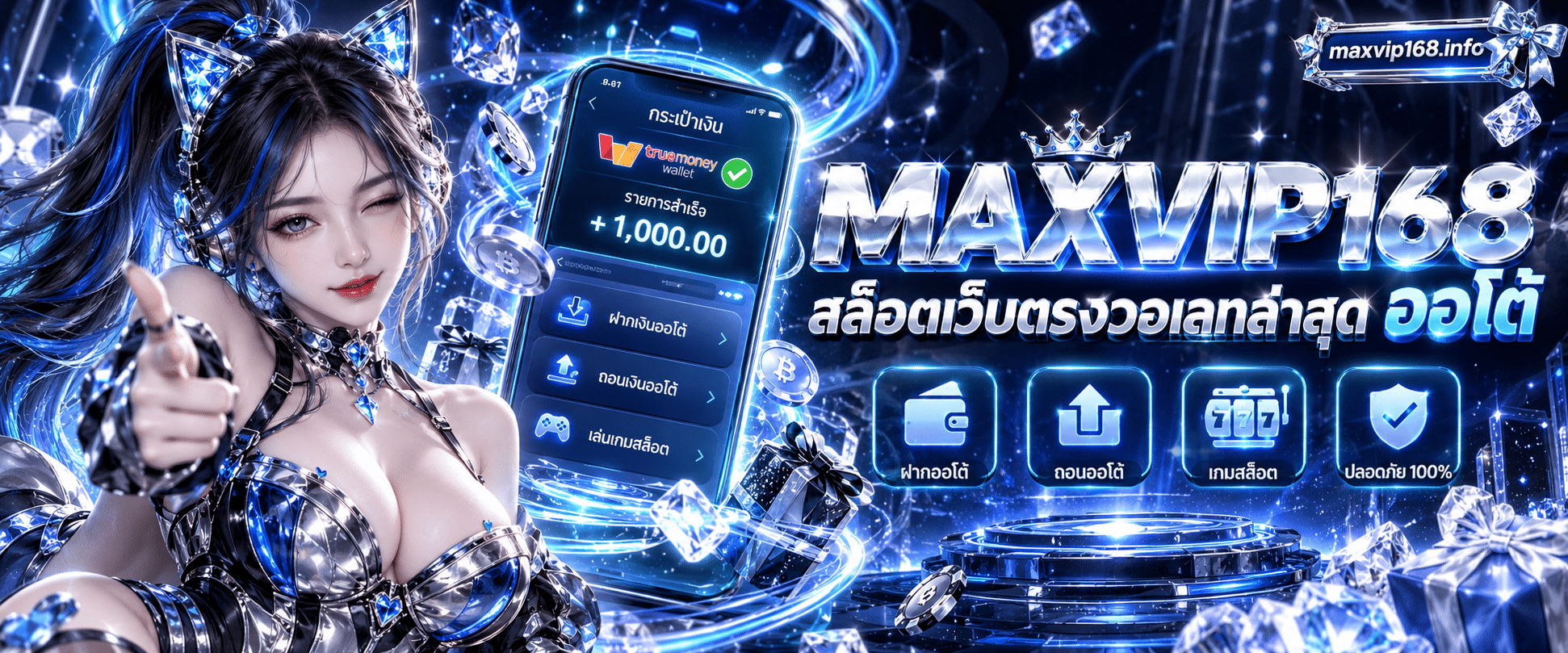กราฟิกหน้าจอมือถือแสดงระบบฝากถอนออโต้ของ MAXVIP168 สล็อตเว็บตรงวอเลทล่าสุด บนพื้นหลังสีน้ำเงินเข้ม